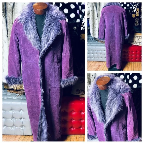 Newport News Vintage 80s PURPLE Suede Leather Faux Fur Lined Trench Coat - Picture 1 of 3